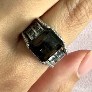 sterling silver emerald-cut smoky quartz & white topaz ring size 9